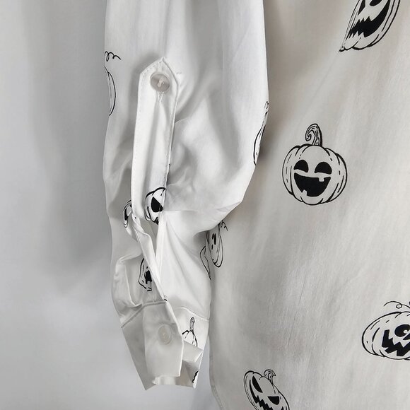 Women's White & Black Pumpkin Print Rayon Button Front Blouse Size M NWOT - Picture 8 of 13